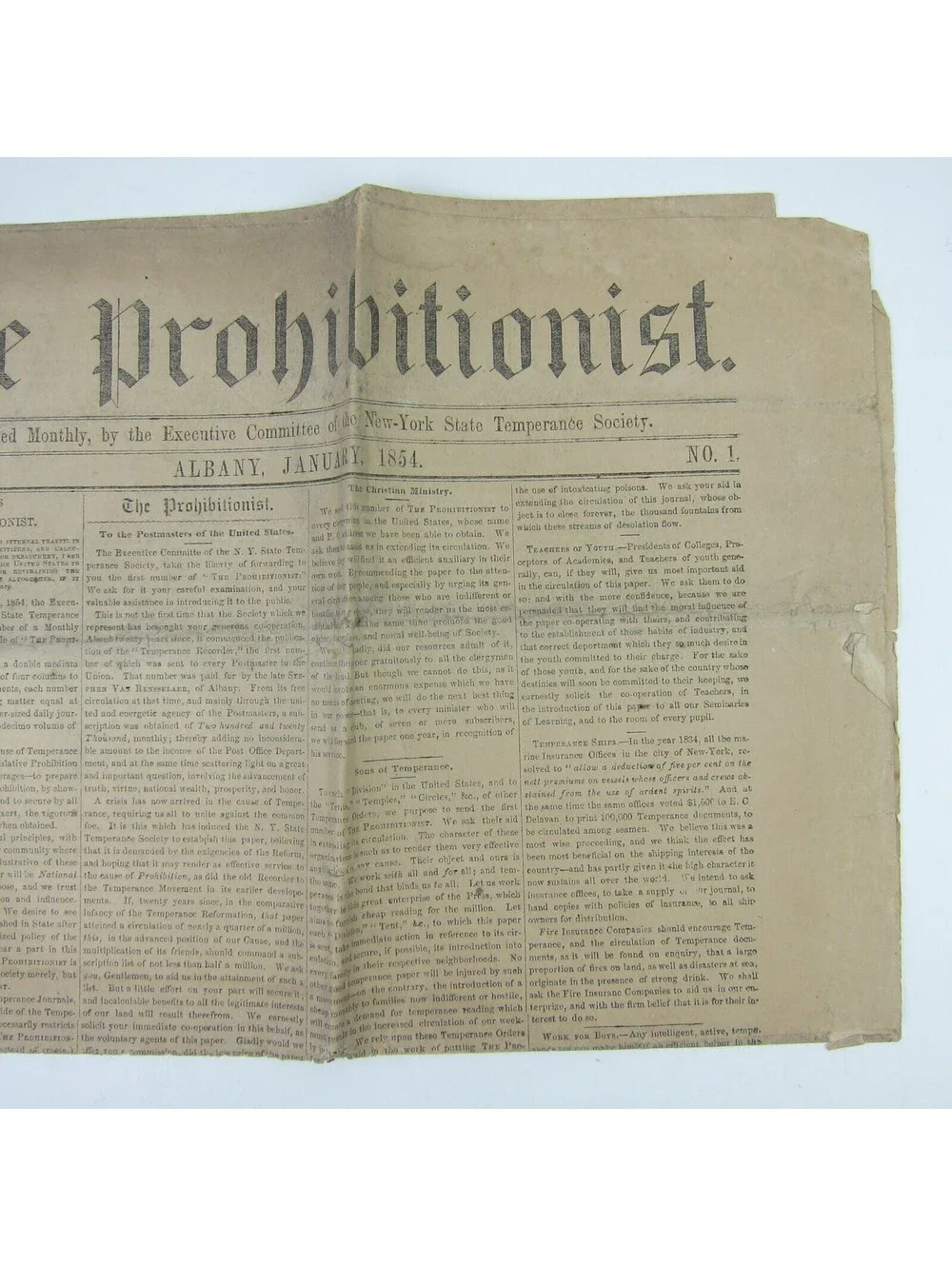 The Prohibitionist Newspaper New York Temperance Society #1 Antique 1854 RARE